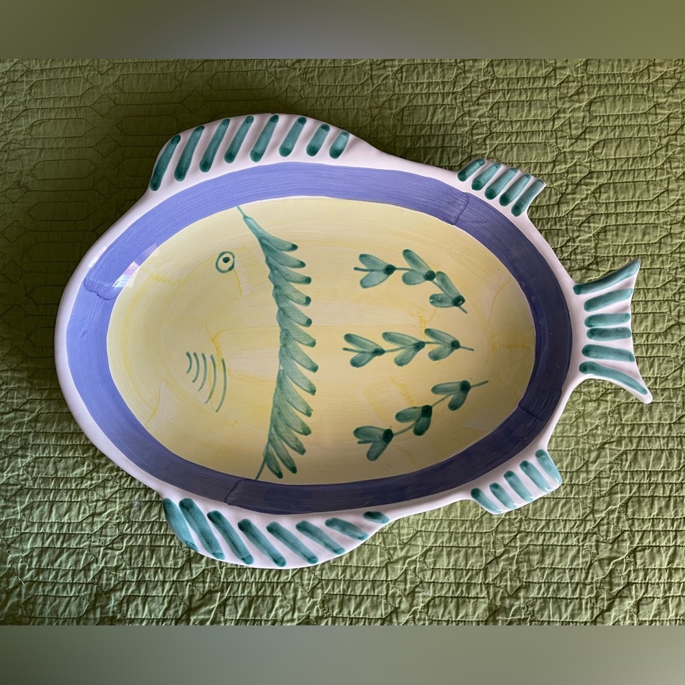 PRETTY! 15” CALECA GRECO ITALIAN FISH SHAPED SERVING PLATTER-MARINA/YELLOW/BLUE